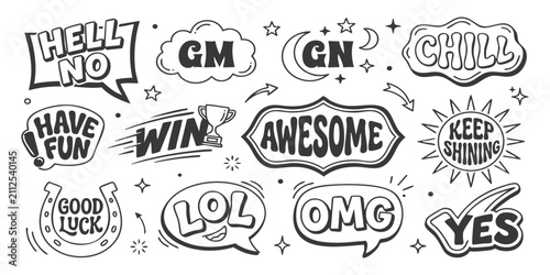 Bild auf Leinwand Set of hand drawn speech bubbles with funny slang words and positive phrases in