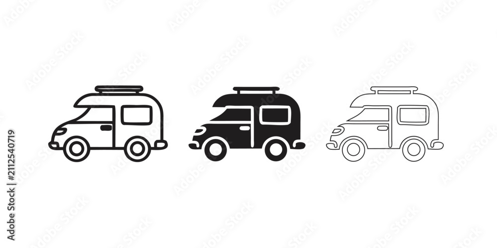 Naklejka premium Caravan trailer icons set showing motorhome graphics in diverse stroke and fill styles