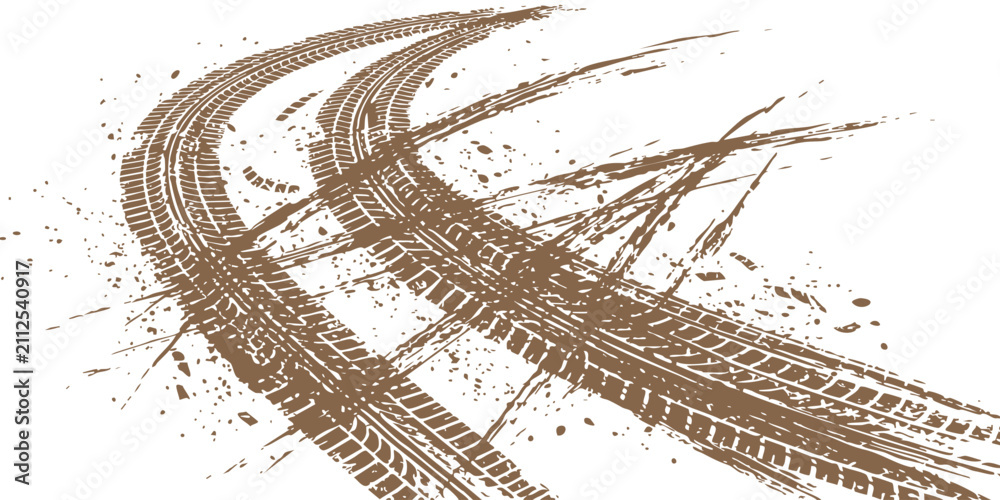 Obraz premium Black and white illustration of train tracks showing a junction with some decorative brown and green squares