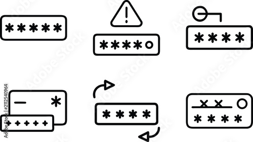 Comprehensive collection of password security and digital authentication interface elements featuring hidden characters masked codes and access keys.
