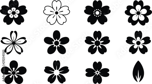 Black and White Cherry Blossom Sakura Flower Icons Collection
