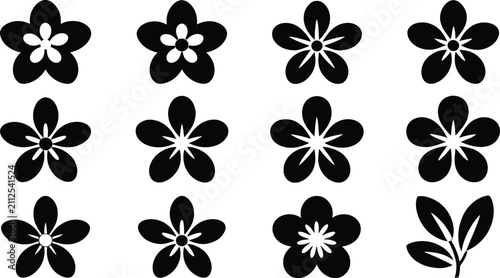 Minimalist Black and White Flower Silhouette Icons Set