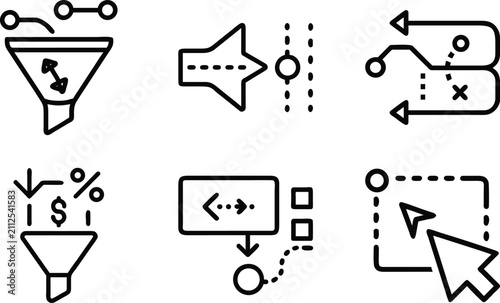 Set of six linear icons representing various marketing funnels customer journey and lead generation processes for business.