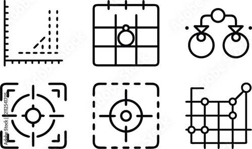 Technology and data icons illustrating network connections algorithms charts and data visualization for digital information processing.