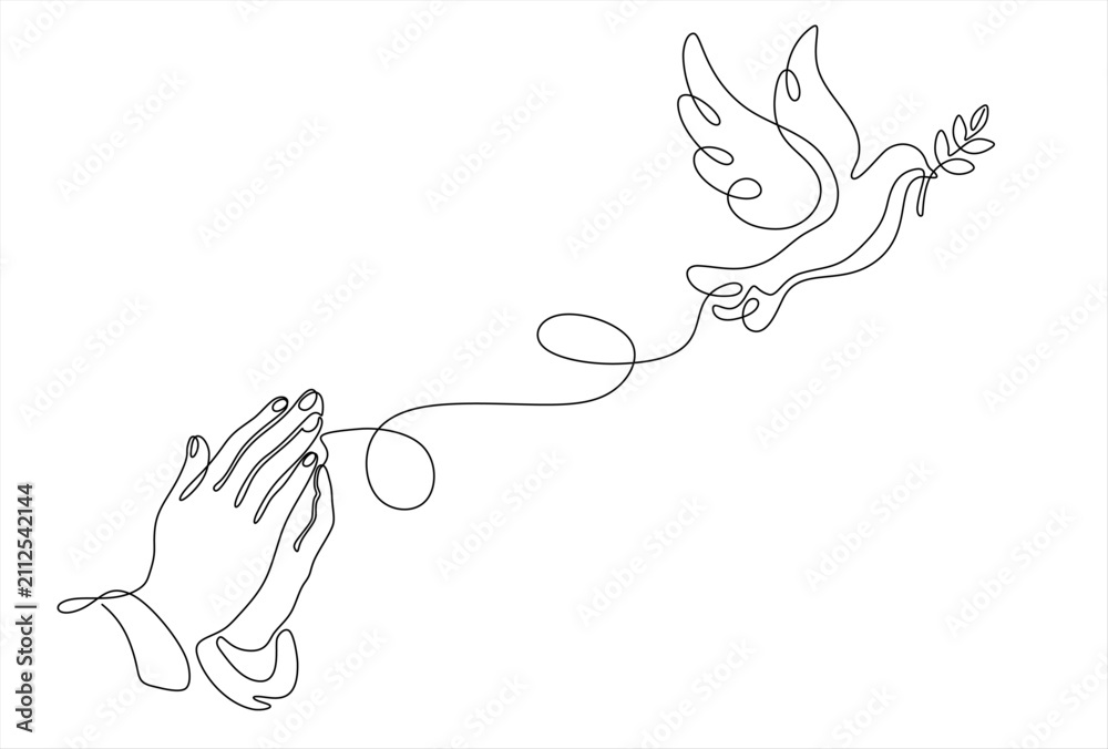 Obraz premium Continuous single one line drawing of Man Hands Pressed Together in Prayer Position and Flying Dove. Pray for peace. Action for Prayer, Gratitude. Hand drawn one line vector. Editable stroke.