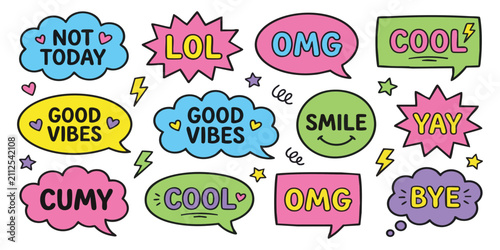 Quadro su tela Set of colorful comic speech bubbles with positive text expressions like omg lol