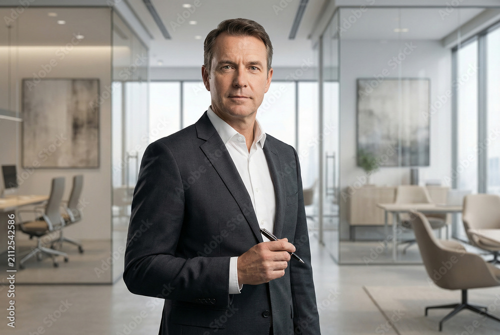 Fototapeta premium Mature businessman in charcoal suit holding pen standing in modern glass office confident expression