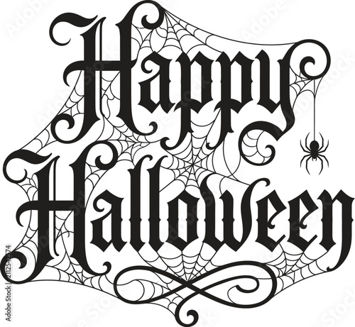 Happy Halloween typography black gothic lettering with spider web and spider vector illustration