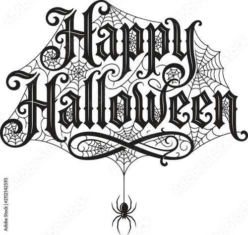 Happy Halloween typography gothic lettering design with intricate spider webs and hanging spider