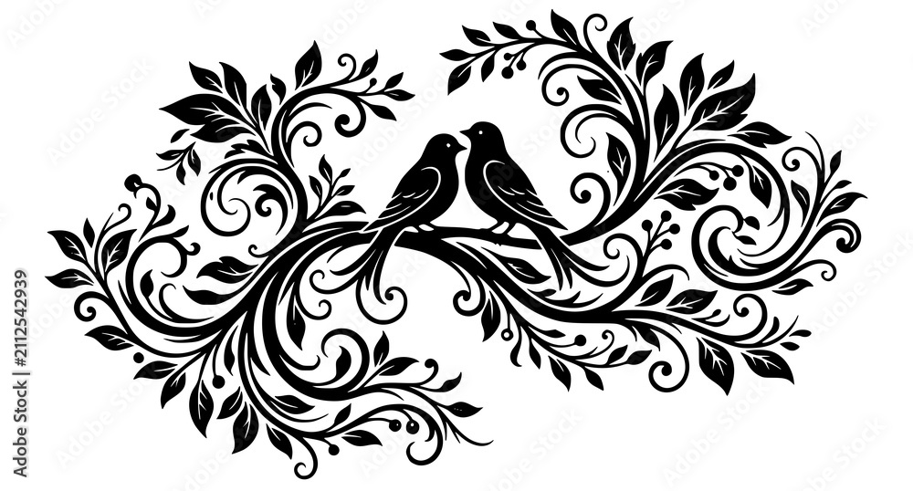 Fototapeta premium Bird Couple Silhouette on Artistic Tree Branch Decorative Wall Art Vector Illustration