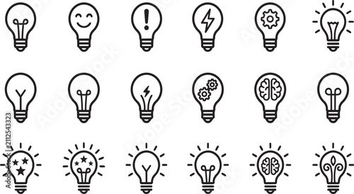Set of creative light bulb vector icons featuring various innovative symbols for business concepts and brainstorm ideas displayed as a flat graphic collection on transparent background