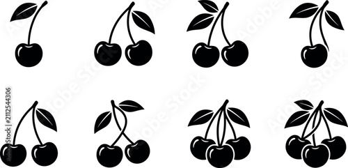 Obraz na płótnie Sweet cherry fruit silhouette icons set including single double and triple berri