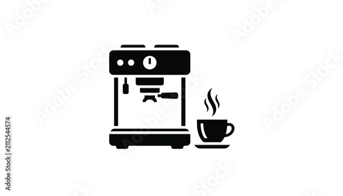 Modern professional espresso coffee machine icon with a warm steaming coffee cup next to it, black silhouette.