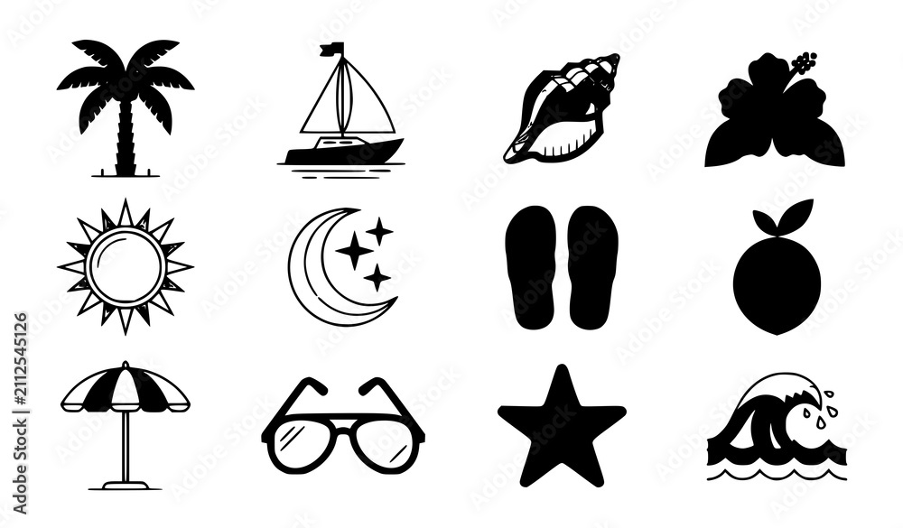 Obraz premium Tropical summer vacation icons with palm tree sailboat seashell hibiscus and beach vector set