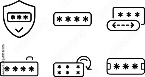 Security verification and password management icons featuring shield locks input fields reset codes and authentication symbols for digital account.