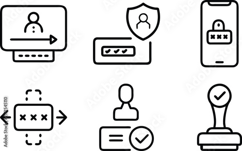 Security and access icons featuring user profiles, login screens, password fields, verification stamps, and shields.