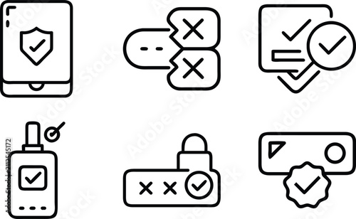 Set of security and access icons including phone, login, password, lock, shield, and approved checkmarks.