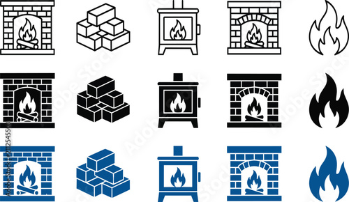 Set of professional flat vector graphic icons depicting various fireplace designs wood stove heaters and burning flame elements isolated for your creative projects on transparent background