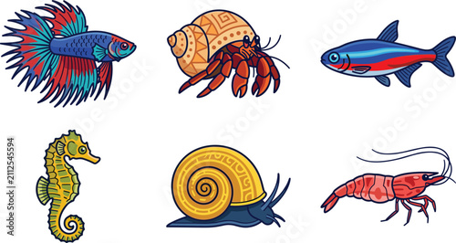 Bild auf Leinwand Cute Cartoon Aquarium Animal Set Featuring Betta Fish Hermit Crab Seahorse Shrim