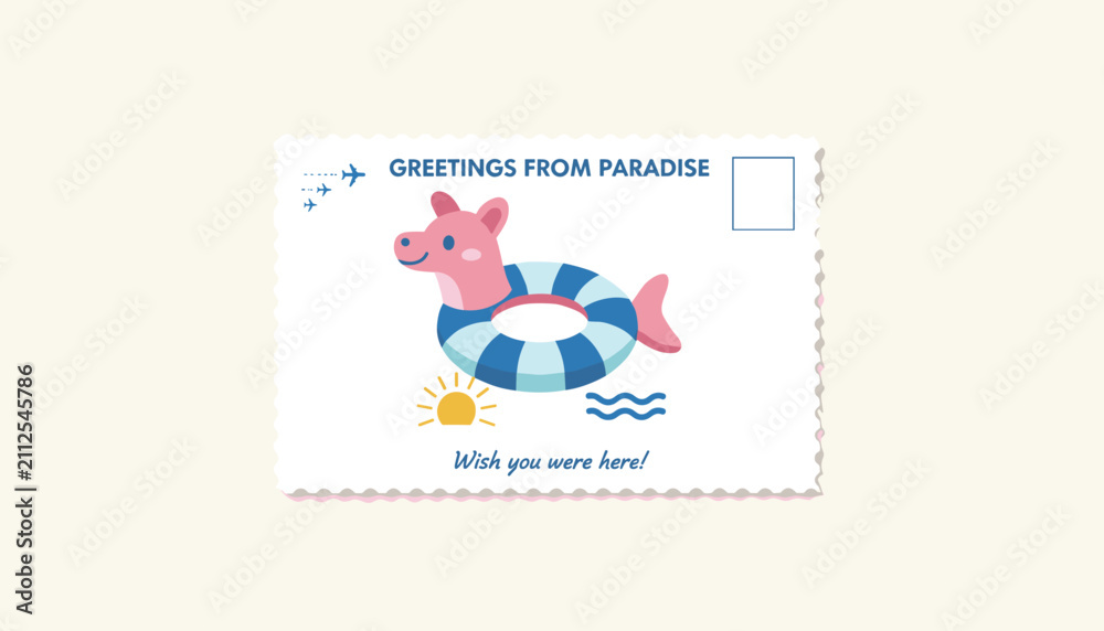 Fototapeta premium Vintage tropical resort postcard design showing cute sea creature on an inflatable ring wishing you were here.