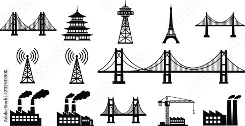 Fotografía architecture icons featuring bridges pagodas communication towers and factories