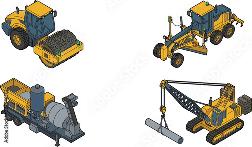 Obraz na płótnie Isometric heavy construction machinery set with road roller motor grader concret
