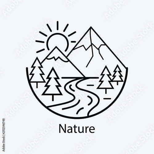 Nature Scene With Mountains Trees And River Black Line Illustration
