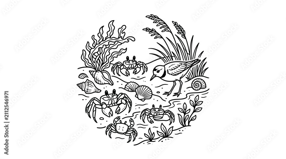 Obraz premium Corporate Minimalist Black and White Featuring Bird Marine Life and Coastal Plants for Eco Friendly Branding