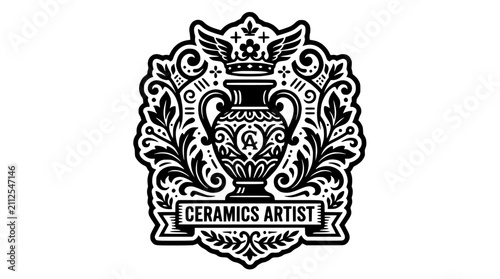 Ornate ceramics artist crest with central vase icon.