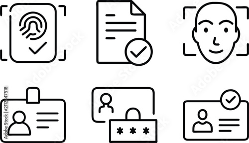 Biometric fingerprint and face scan authentication line icons featuring security documents approved id cards password fields and identity checks.