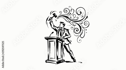 Фотография Speaker at podium with gavel and swirling smoke illustration.