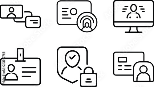 Digital login and security authentication line icons illustrating password protection secure account access encrypted data and profile verification.
