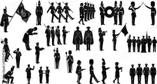 Obraz na plátně Ceremonial Military Personnel Silhouette Collection with Parade Guards Salute an