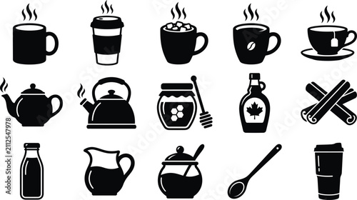 Fotografie Black silhouettes of hot beverages and sweeteners for coffee and tea designs