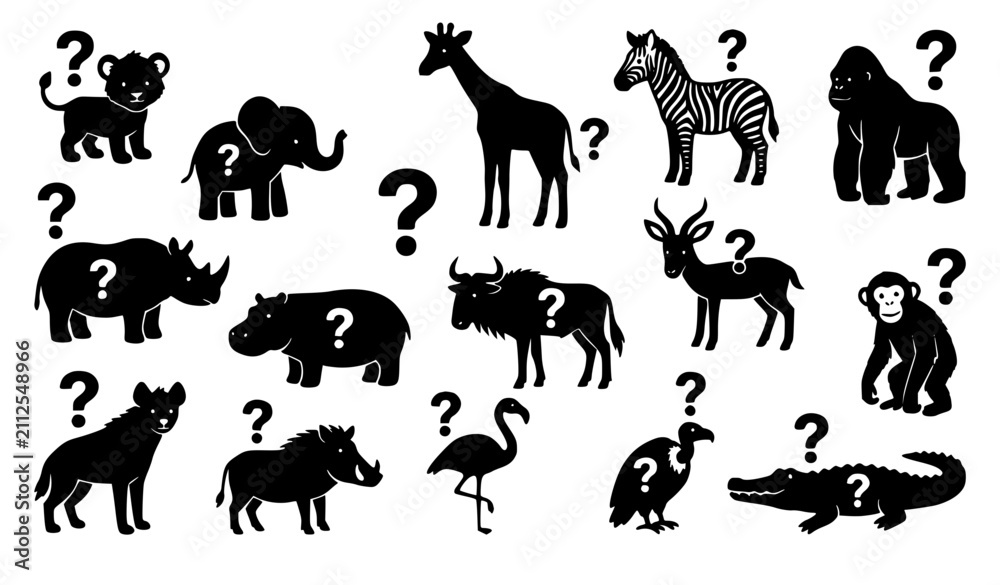 Fototapeta premium Cute Safari Wildlife Silhouette Bundle with Question Marks Black Animal Vector Set