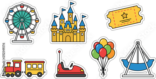 Amusement Park Carnival Sticker Set Featuring Ferris Wheel Fairground Castle Ticket Steam Train Bumper Car and Pirate Ship Ride Vector Illustration Elements