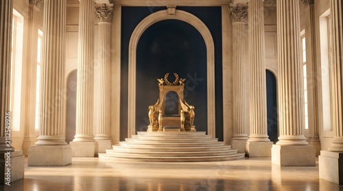 Grand majestic throne room with towering marble columns and a golden seat inside an ancient palace hall