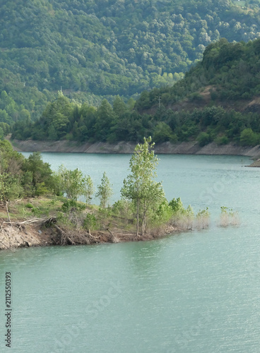 A dam in the middle of a lush green forest. Lake in the mountains. 