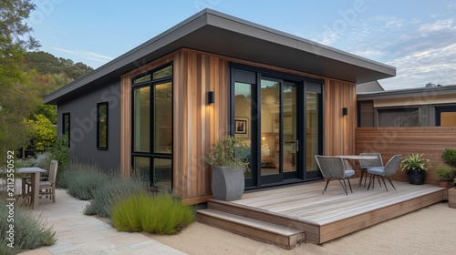 A modern farmhouse ADU stands in a Marin County backyard, where clean architecture and warm natural textures create a peaceful retreat with timeless comfort and contemporary style.