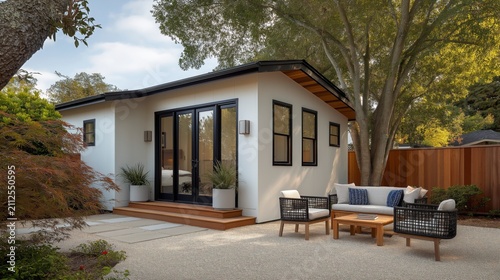 A modern farmhouse ADU stands in a Marin County backyard, where clean architecture and warm natural textures create a peaceful retreat with timeless comfort and contemporary style.
