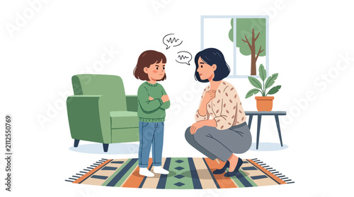 Foto Flat style vector illustration of a defiant child arguing with parent and refusing guidance at home