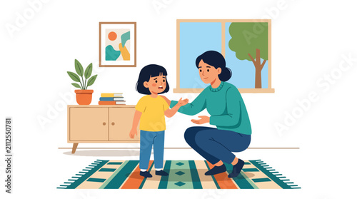 Fotografie Flat style vector illustration of a defiant child arguing with parent and refusing guidance at home
