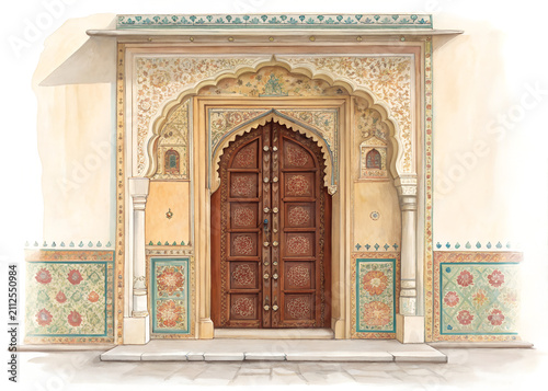 Traditional Jaipur palace door framed by carved sandstone arch, luxurious watercolor painting, rich jewel tones, delicate brushwork