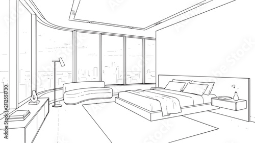 Foto Modern bedroom interior line art vector, luxury hotel suite sketch with panorami