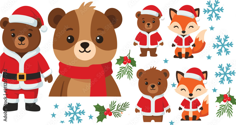 Fototapeta premium Cute Christmas Bear and Fox Character Collection in Santa Outfits Winter Holiday Cartoon Animal Vector Illustration Set