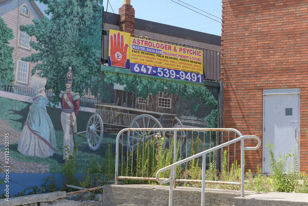 Obraz premium sign for Astro Shiva (2502 Kingston Rd) with mural, “Half Way House” (1990) by John Hood, Scarborough, Toronto