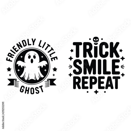 Cute friendly little ghost illustration with trick smile repeat text for Halloween celebrations