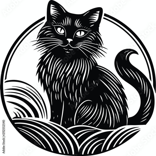 Black Cat Vector Illustration with Decorative Patterns and Raised Tail Line Art