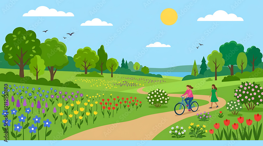 Obraz premium Pixel Art Spring Landscape with Two People Enjoying a Bike Ride and Walk on a Sunny Day