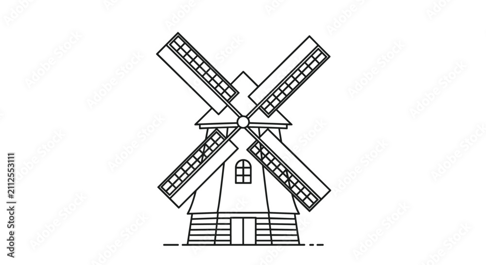 Obraz premium Clean line drawing of a traditional tall wooden windmill with large sails on a simple white background for energy.